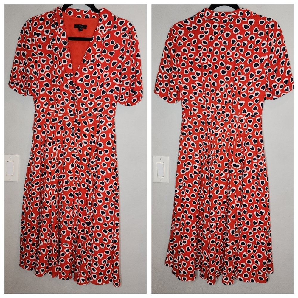 J. Crew Heart Leopard Button Front Midi Dress Red White Blue Size 2 - Picture 9 of 16